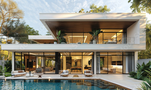 A sleek, modern twostory house with large windows and an outdoor pool area. Created with Ai photo