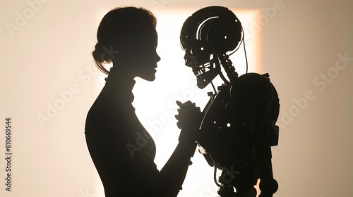 Silhouettes in backlight a human and robot engage in a handshake