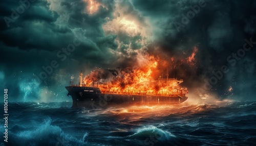 A ship is on fire in the ocean by AI generated image