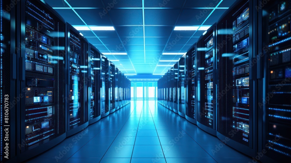 data center filled with rows of servers and network equipment, 