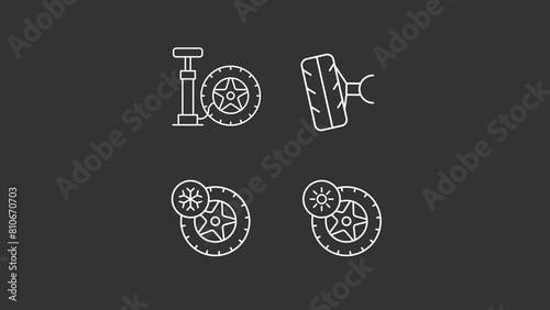Tire service white line animations. Animated tyres icons. Seasonal tires. Tire changeover. Hand pump. Isolated illustrations on dark background. Transition alpha. HD video. Icon pack