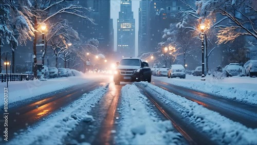Driving a Car on a Snow-Covered City Street in Winter. Concept Winter Driving, Snow-Covered Street, City Landscape, Car Travel, Challenging Conditions photo