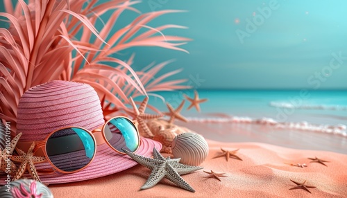 A pink straw hat with sunglasses sits on a beach with a starfish and seashells by AI generated image