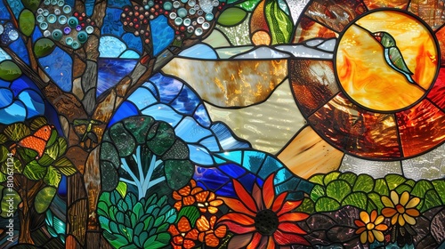 Eco themed stained glass celebrating creation with images of Earths bounty in divine light