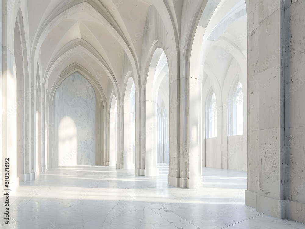 Cathedral nave with white marble columns minimalist arches enhancing the journey