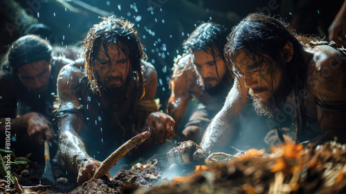 Root Harvest: Paleolithic Hunters Using Sharpened Sticks to Dig - Dramatic Lighting Evokes Ancient Struggle