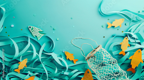Text WORLD OCEAN DAY and paper fishes with net on color