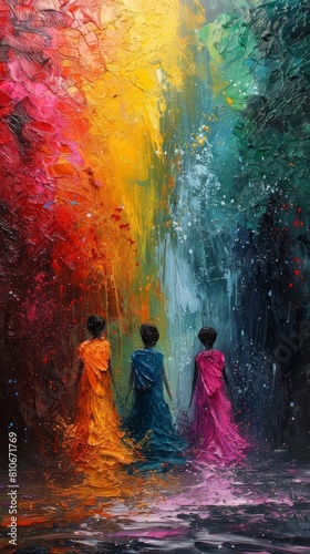 The painting shows three women walking in a colorful forest