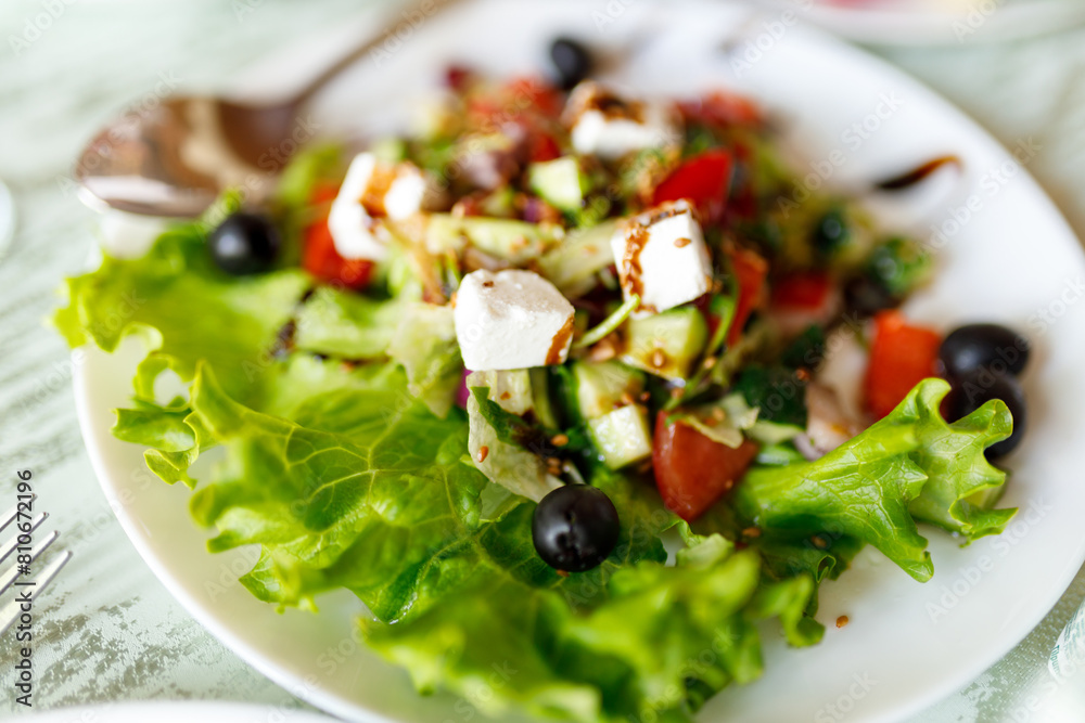 Vegetable Greek salad of posidora, cucumbers, olives, cheese and dressing laid out on a white dish