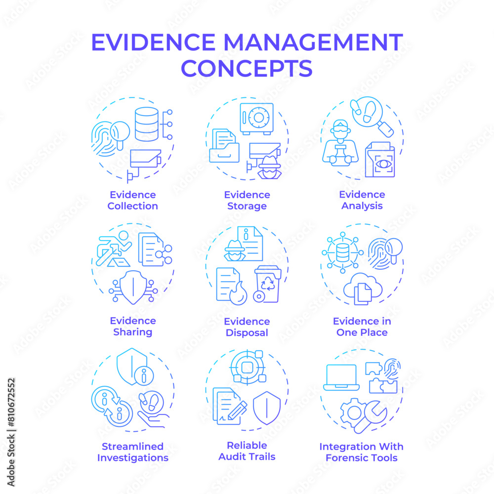 Evidence management blue gradient concept icons. Forensic analysis, judicial system. Technological advancement. Icon pack. Vector images. Round shape illustrations for infographic. Abstract idea