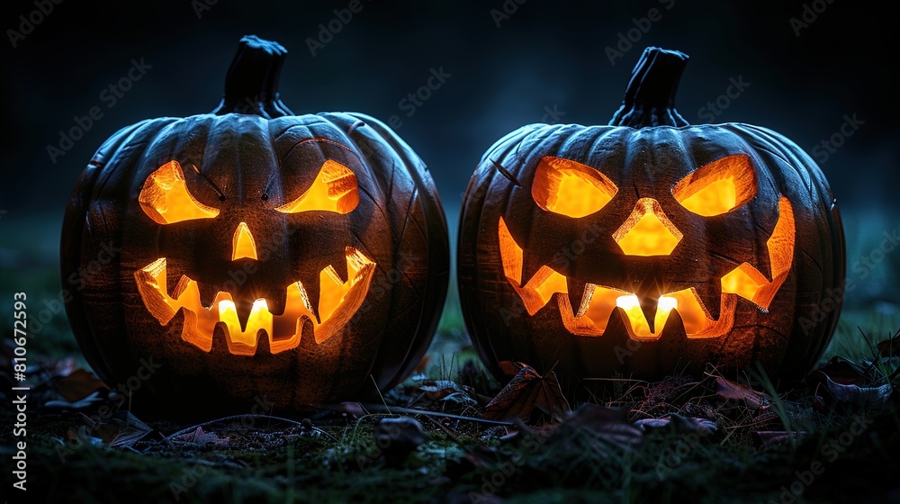 Jack-o'-lanterns glowing eerily in the dark Jack-o'-lanterns glowing eerily in the dark