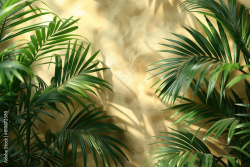 A background of palm leaves and foliage with a golden sandstone wall in the foreground. Created with Ai