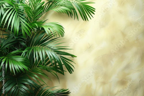 Wall with green plants  palm leaves and monstera deliciosa  golden light background. Created with Ai