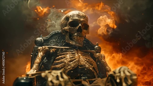 Ruling a Cursed Kingdom: The Skeletal King on His Bone Throne with Dark Magic. Concept Dark Fantasy, Skeleton King, Curse, Bone Throne, Kingdom rulership photo
