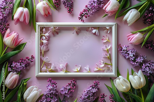 Photo frame with tulips and lilac flowers on a pink background. Created with Ai #810672937