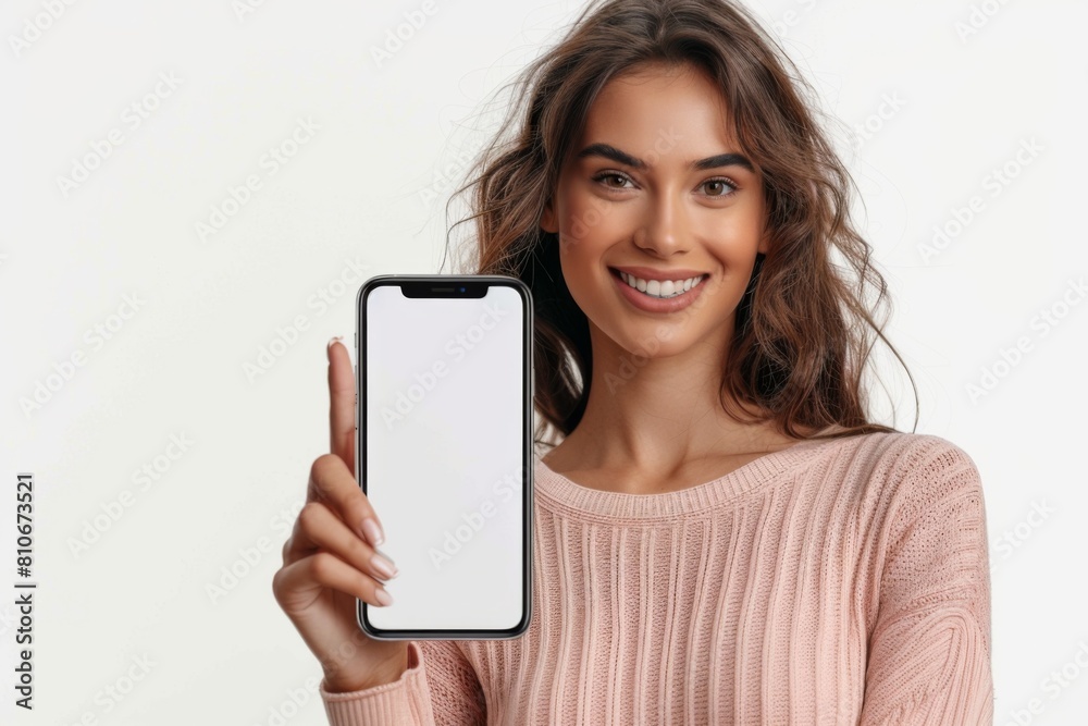 Woman Showcasing Smartphone Mockup created with Generative AI Woman Showcasing Smartphone Mockup created with Generative AI