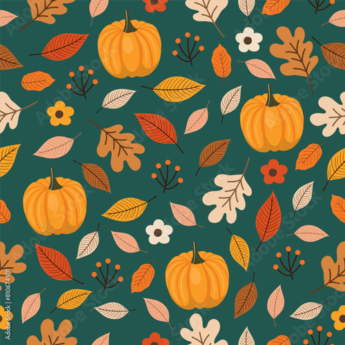 Seamless pattern with autumn Leaves, acorns, pumpkin and oak leaves for wallpaper, gift paper, pattern fills, textile, fall greeting cards.