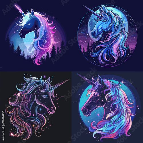 Magical neon-style unicorn illustrations with glowing manes and cosmic backgrounds. Perfect for fantasy art, mystical designs, dreamlike visuals, and creative digital artwork.