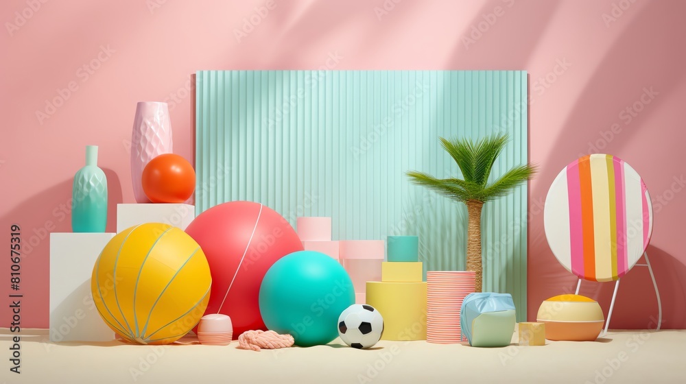 The image shows a variety of exercise equipment in a bright and colorful setting The image shows a variety of exercise equipment in a bright and colorful setting