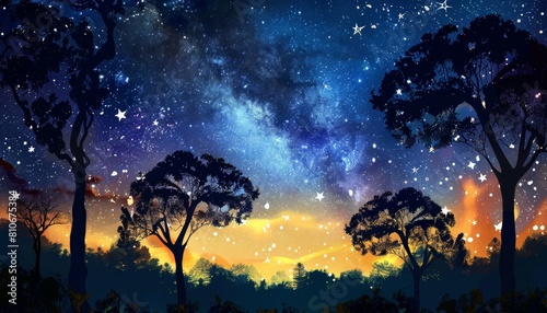 A dark sky with a few trees and a few stars by AI generated image