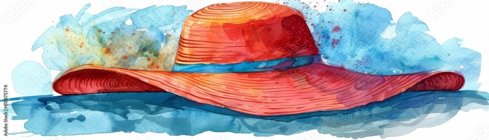 watercolor painting of red summer hat on blue watercolor background