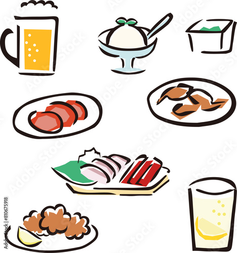 日本の居酒屋のメニューセット、ビール、レモンサワー、唐揚げ、刺身、チャーシュー、アイスクリームなど