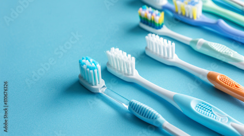 Toothbrushes and dental tools on blue background. Worl