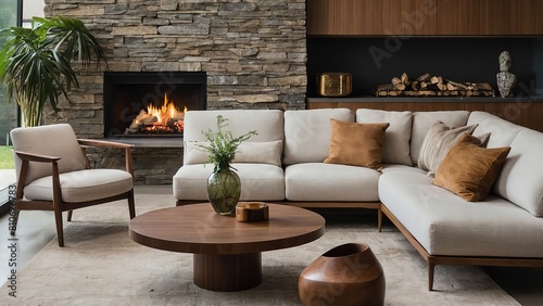 Couch and armchair by hearth with exposed stone veneer. Modern living room interior design from a mid-century residence.