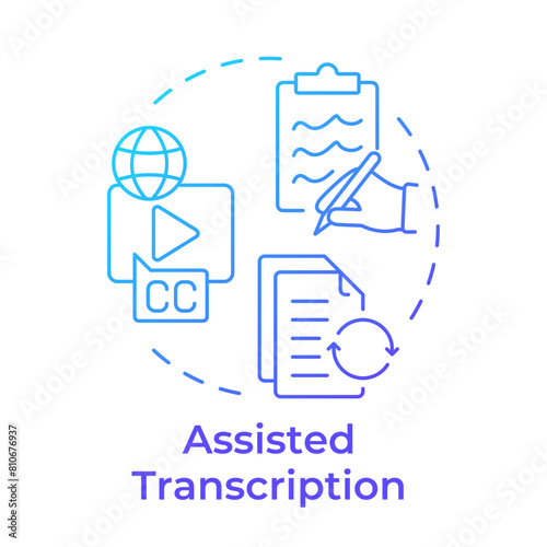 Assisted transcription blue gradient concept icon. Voice to text. Speech recognition, software solution. Round shape line illustration. Abstract idea. Graphic design. Easy to use in infographic