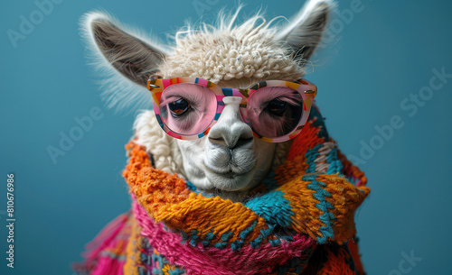  A cute alpaca with pink glasses and a colorful scarf. Created with Ai