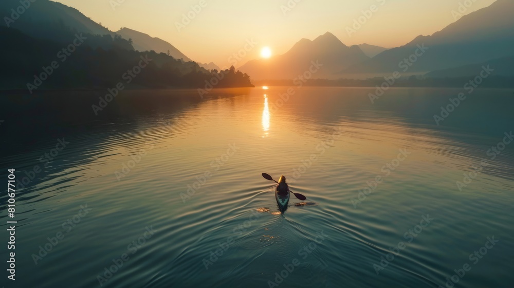 Aerial drone view showing a young person as they kayaks across mountain lake at sunrise
