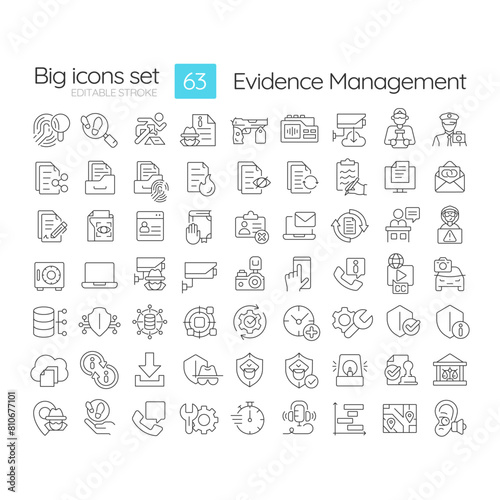 Evidence management linear icons set. Surveillance footage, digital investigations. Forensic analysis. Customizable thin line symbols. Isolated vector outline illustrations. Editable stroke