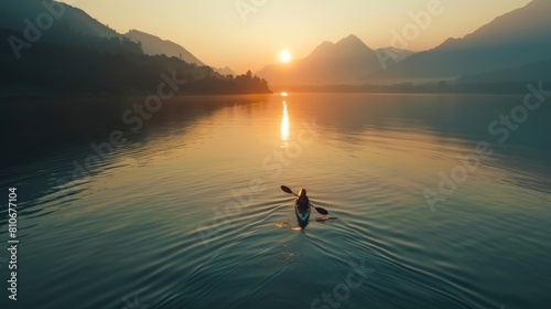 Aerial drone view showing a young person as they kayaks across mountain lake at sunrise 