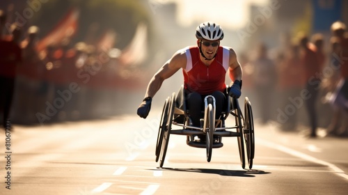 A wheelchair athlete crossing the finish line of a marathon,  photo