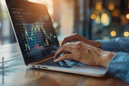 A business professional working on a laptop with financial data graphs, indicating trading or economic analysis