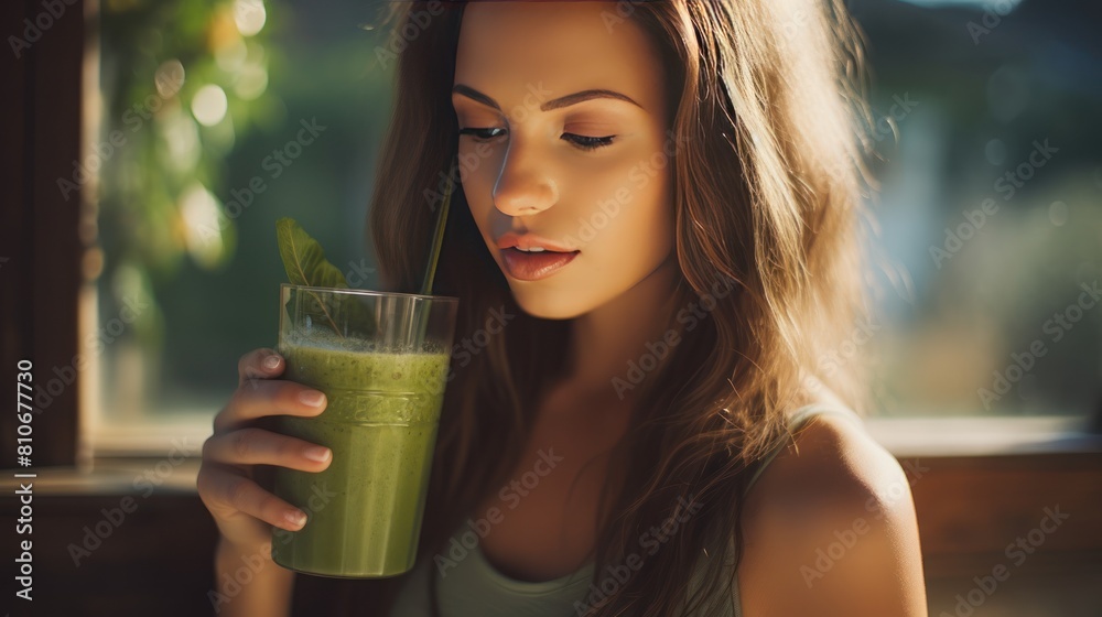 A woman with a healthy lifestyle takes a mindful sip of her green detox smoothie, A woman with a healthy lifestyle takes a mindful sip of her green detox smoothie,