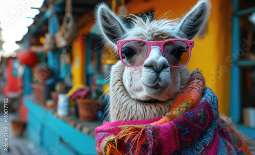 A cute alpaca wearing pink glasses. Created with AI