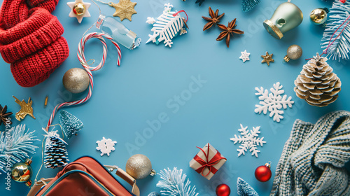 Travel accessories with Christmas decor on blue background photo