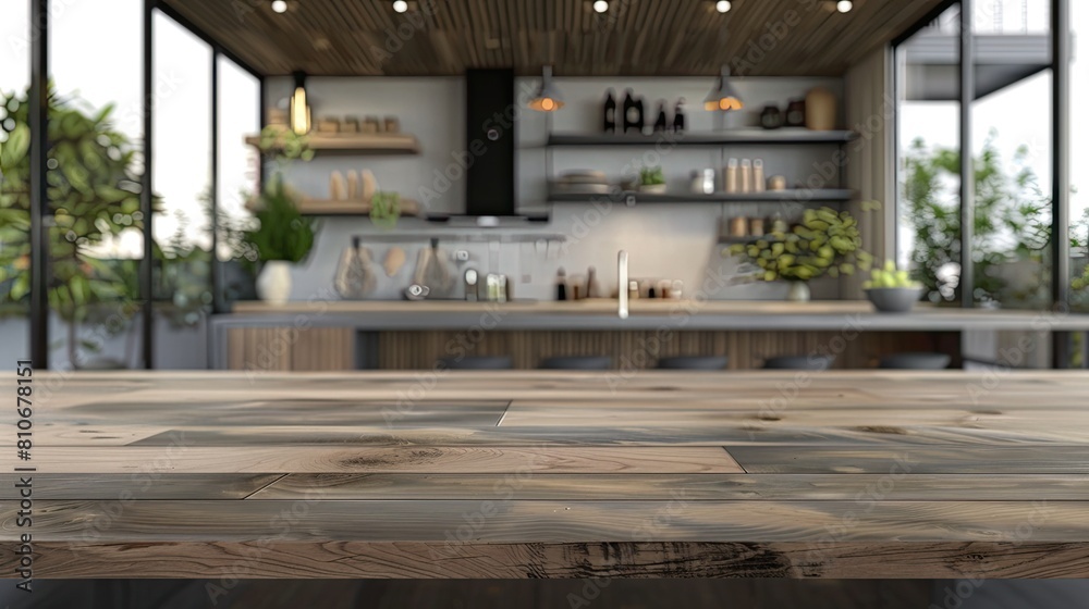 Empty wooden table in front of modern kitchen interior. Empty wooden table in front of modern kitchen interior.
