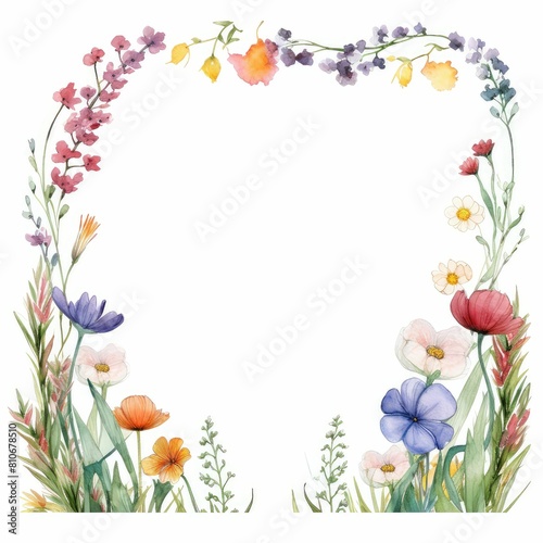 wildflower themed frame or border for photos and text. featuring a mix of colorful blooms and greenery. watercolor illustration  Botanical illustration for design  print or background.