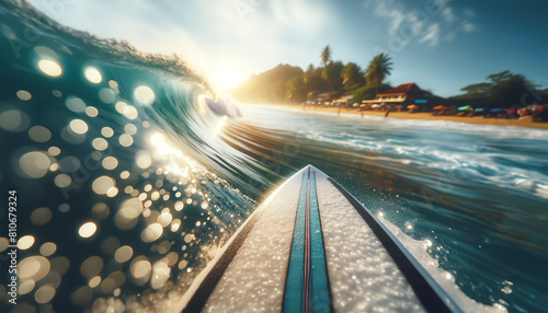 AI-generated image of surfing beach activity viewed from the front of a surf board. © idspopd