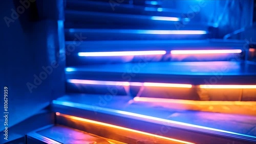 LED Strip Lights on Stairs: Enhancing Safety and Visibility at Night. Concept Home Improvement, Lighting Solutions, Safety Enhancement, Nighttime Visibility, Interior Design photo