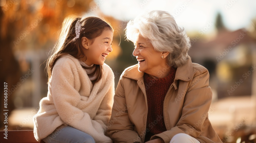 Obraz premium An elderly woman with silver hair and a warm smile sits on a park bench, laughing with her Gen Z granddaughter. 