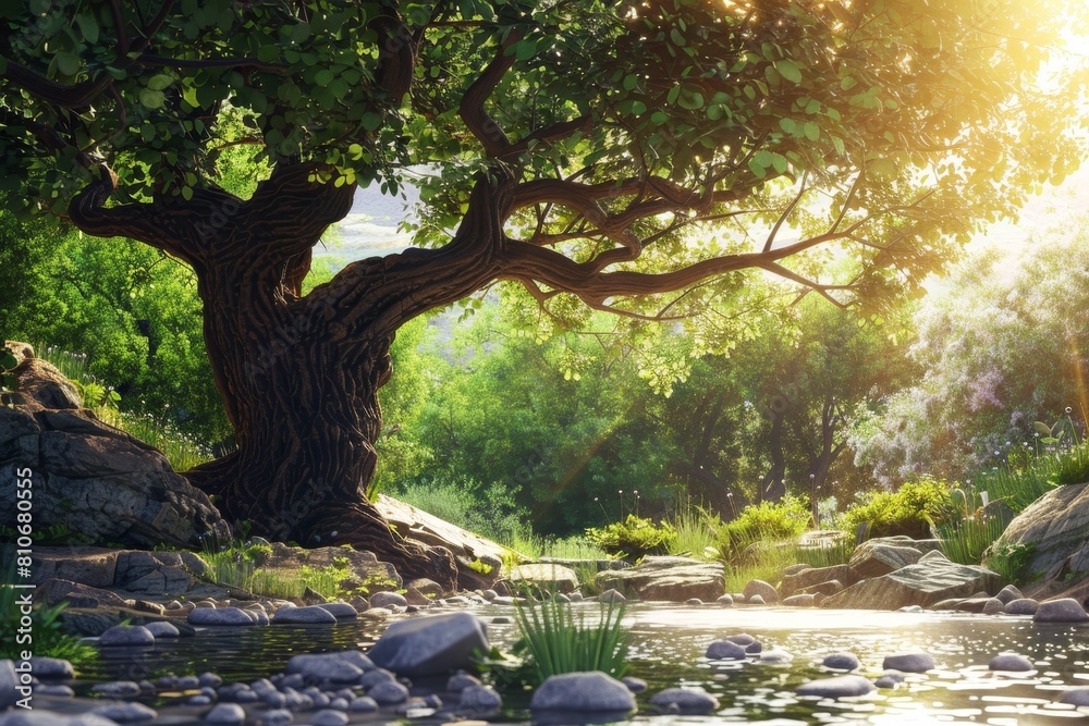 A large tree is in the foreground of a lush green field A large tree is in the foreground of a lush green field