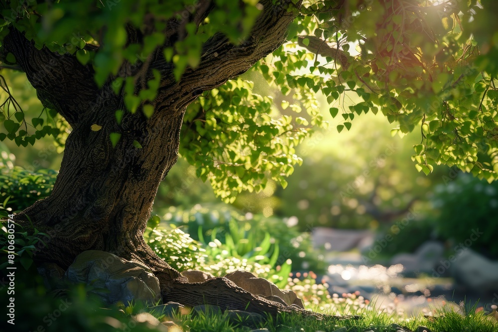 A large tree is in the foreground of a lush green field A large tree is in the foreground of a lush green field