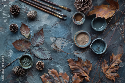 A tranquil painting setup featuring bowls of earth-toned pigments, bamboo brushes, and a palette, all encircled by dried autumn leaves and pinecones on a rustic stone surface - Generative AI © lilyl