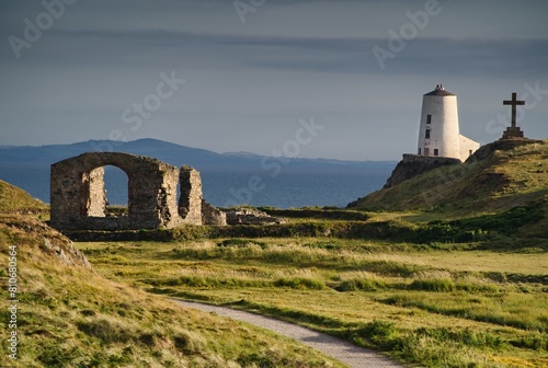 View of Twr Mawr Lighthouse. Ynys Llanddwyn, Anglesey, Wales, Europe.	 photo