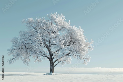 A tree covered in snow is standing in a field © Phuriphat