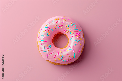 Pink donut with glaze and sprinkles, top view