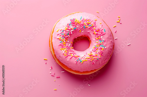 Pink donut with icing top view